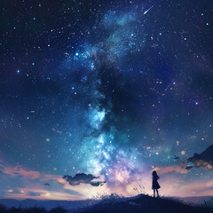 Fototapeta premium A girl watching shooting star at night