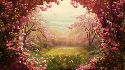 Dreamy view through an arch of blossoming flowers into a serene spring garden