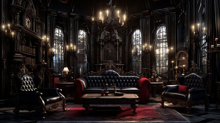 Establish a vampire's lair living room with Gothic accents and opulent, dark furniture