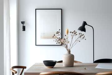 A minimalist Scandinavian-style dining room with a wooden table, black wall lamp, and a large framed picture hanging on the white walls. A vase of dried flowers sits atop it.