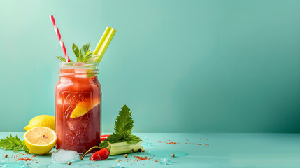 Mason jar of bloody mary with celery and lemon on gree