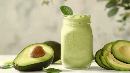 Mason jar of fresh avocado smoothie on white background