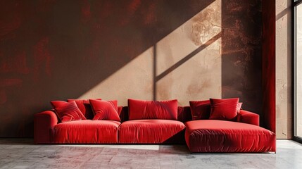 Red modular corner sofa against blank brown stucco wall with copy space. Loft interior design of modern living room, home. realistic