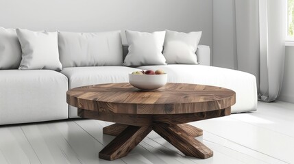 Round wood coffee table against white sofa. Scandinavian home interior design of modern living room. realistic