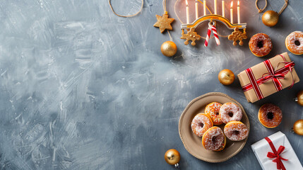 Menorah dreidels plate with donuts and gift boxes for