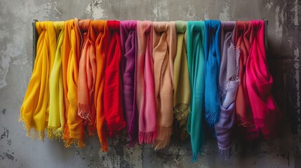 Portrait of a filled scarf organizer, showcasing a spectrum of bright colors on a soft gray backdrop, captured cinematically in high resolution