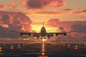 huge jetliner taking off from airport runway at sunset with landing gear down concept illustration