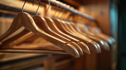 Premium wooden coat hangers in a row, with a blurred luxurious wardrobe background emphasizing the smooth finish