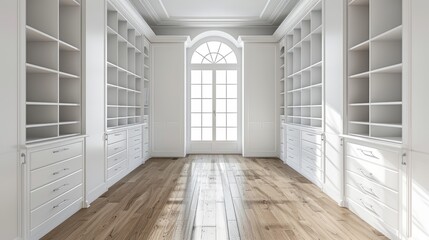 Pristine and empty closet, featuring organized sections for a streamlined and efficient storage solution