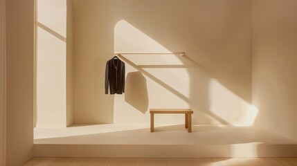 Simple and unadorned clothes rail in a minimalist interior, emphasizing the purity of design and the open space around it