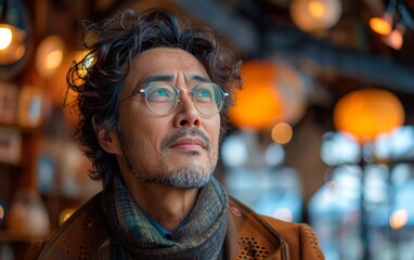 Fototapeta premium A man with glasses and a scarf is looking out the window. The scene is set in a restaurant with a few lamps and a clock