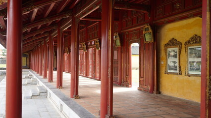 chinese temple entrance, Hue garden old city Vietnam monastery red wooden building