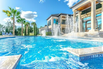 luxury home exterior with large swimming pool and water jets on sunny day abstract background