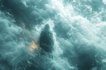 A shimmering nimbus enveloping a figure, casting a mystical ambiance of wonder and awe. Concept of spiritual awakening and enlightenment. Generative Ai.