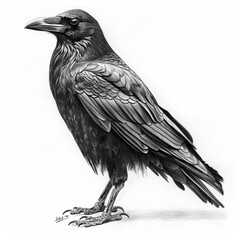 Fototapeta premium Carrion Crow Pencil Sketch Hand Drawn Black and White Depiction of Corvus Corone on a Blank White Background