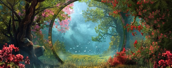 Enchanted forest portal view with blossoming trees