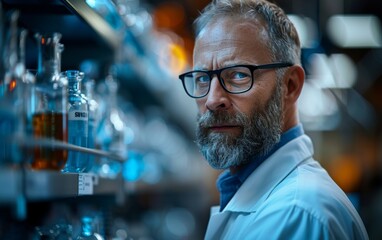 A man in a lab coat stands in front of a shelf of bottles. He is wearing glasses and has a serious expression on his face