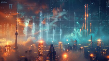 Fototapeta premium Futuristic corporate backdrop hosts a 3D graph showing falling carbon emissions over time. Corporate carbon reduction