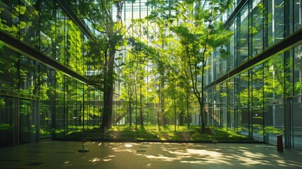 A fusion of nature and corporate responsibility displayed via a holographic forest in a business lobby. Corporate carbon reduction