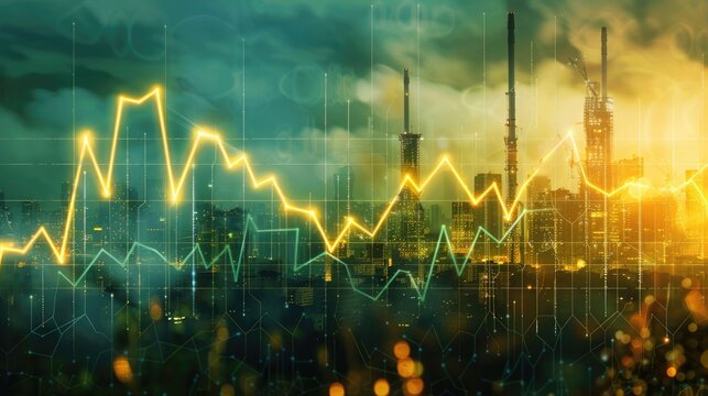 3D graph in virtual space portrays dwindling carbon emissions over time against futuristic corporate buildings. Corporate carbon reduction