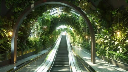 'Green' escalator design concept surrounded by lush foliage, signifying the blend of nature into business structures for aesthetics and air purity. Corporate carbon reduction