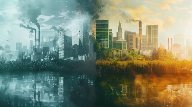Digital artwork showcasing a dual view: a polluted city against a green one, an inspiration drawn from corporate eco-shifts. Corporate carbon reduction