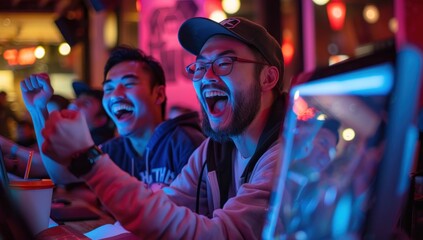 Fototapeta premium Capture the excitement of a product launch as developers celebrate the culmination of months of hard work, their faces illuminated by the glow of computer screens.
