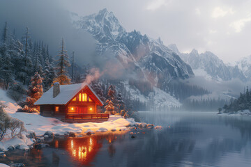 Fototapeta premium A cozy cabin nestled in a snowy landscape, with smoke gently billowing from the chimney, inviting warmth and comfort. Concept of winter retreat and coziness. Generative Ai.