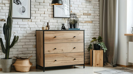 Modern chest of drawers and decor near light brick wall