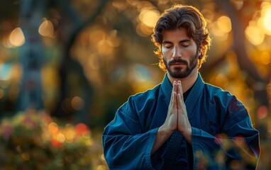 A man in a blue karate uniform is praying. The image has a peaceful and serene mood