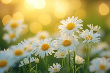 Chamomiles or daisies bloom in a field. Background with selective focus and copy space