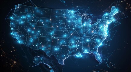 A map of the United States is lit up with blue lights