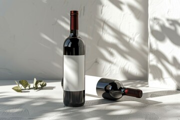 Two wine bottles with a white label on them