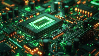 Obraz premium Zoom in on the intricate circuitry of a high-speed router, bathed in vibrant green light, emphasizing its role in network efficiency and speed.