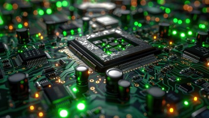 Fototapeta premium Zoom in on the intricate circuitry of a high-speed router, bathed in vibrant green light, emphasizing its role in network efficiency and speed.