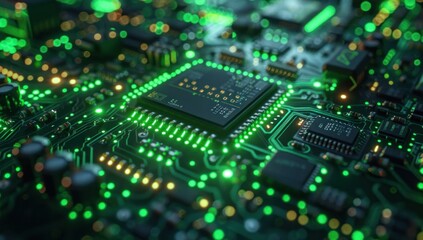 Obraz premium Zoom in on the intricate circuitry of a high-speed router, bathed in vibrant green light, emphasizing its role in network efficiency and speed.