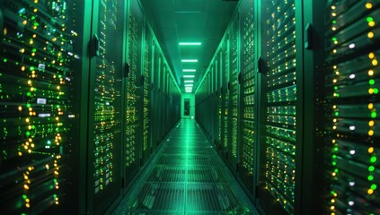 Zoom out to reveal rows of meticulously organized server racks against the vibrant green background, illustrating the scalability of cloud computing solutions.