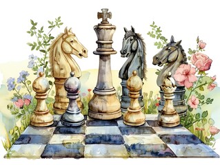 Chessboard with white and black chess pieces. The chessboard is decorated with flowers and leaves.