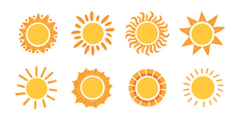 Sun with different rays. Vector collection. Summer theme. Sunny clip art graphics in Hand-drawn style. Isolated background.