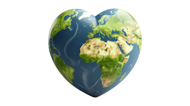 Earth Globe With Heart isolated on transparent png background. Generative ai