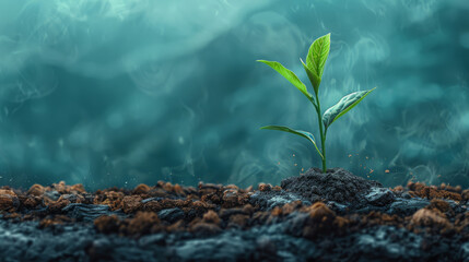 Seedling, grow and plant in forest, mist and mockup in environment, earth and leaves in soil outdoor. Agriculture, dirt and nature for carbon footprint, sustainability and project for food in garden