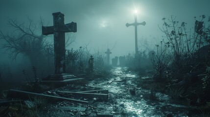 muddy night path in a spooky abandoned cemetery graveyard at night. dark fantasy misty and foggy vast landscape.