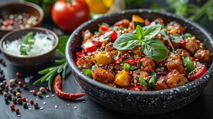 Top view Asian food with spice and herbs gourmet in black plate on dark stone marble table...