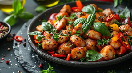 Top view Asian food with spice and herbs gourmet in black plate on dark stone marble table background.