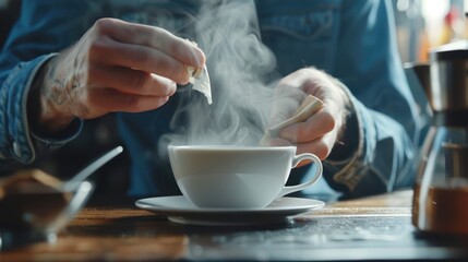 Fototapeta na wymiar The steam from man with jecket Jean is soaking tea bag on vintage white cup, preparing hot tea.