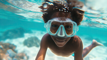 Fototapeta premium a cheerful afro american boy swimming underwater in a mask. Summer vacation.