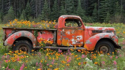 Rustic vintage truck overgrown with wildflowers