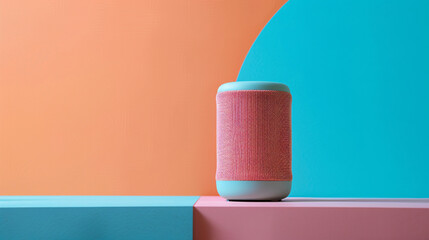Modern portable speaker on color background