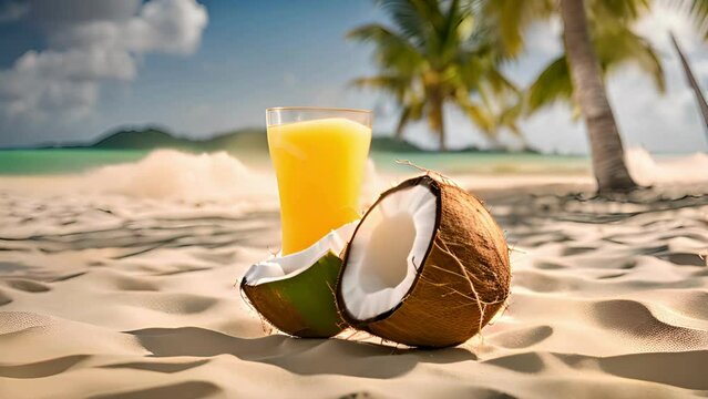 coconut with refreshing tropical drink on sandy beach with sailboat on the background for minimalistic summer idea