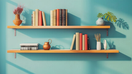 Modern shelf with books and decor hanging on color wal